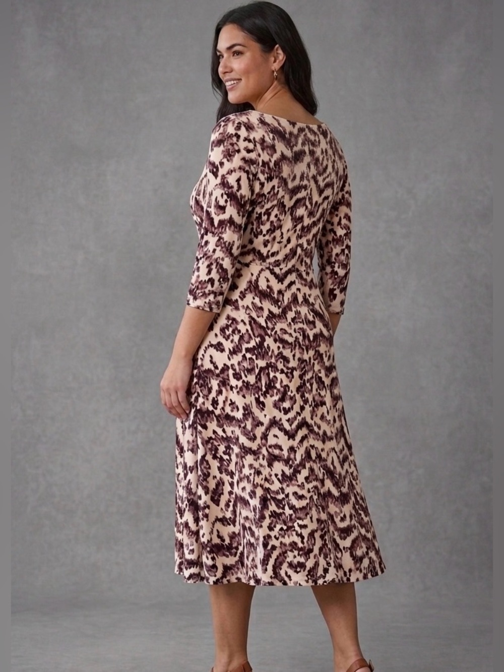 Printed Midi Dress in Cream and Brown - Picture 2 of 7